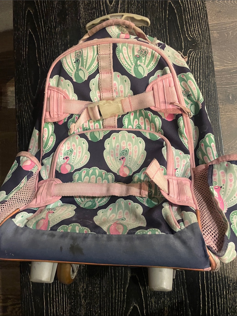 Pottery Barn Kids Navy Peacock-Print Rolling Backpack with Pink Trim